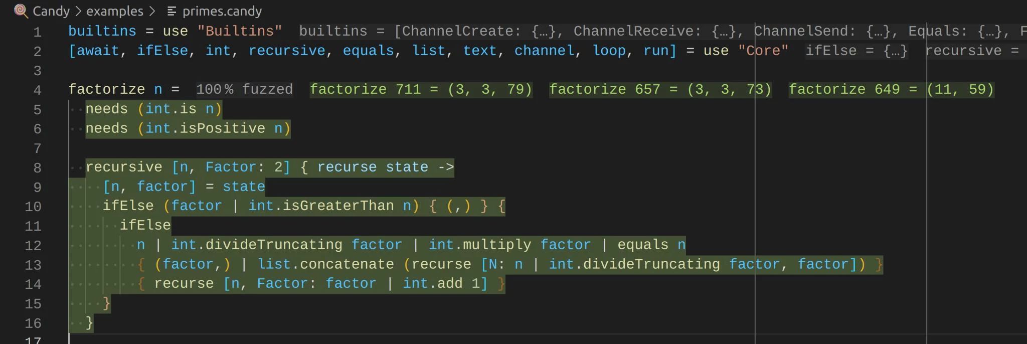 Screenshot of a factorize function