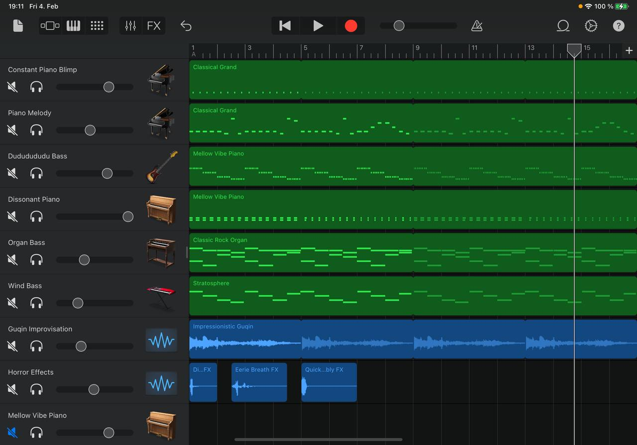GarageBand on my iPad with various voices: Constant Piano Blimp, Piano Melody, Dududududu Bass, Dissonant Piano, Organ Bass, Wind Bass, Guqin Improvisation, Horror Effects